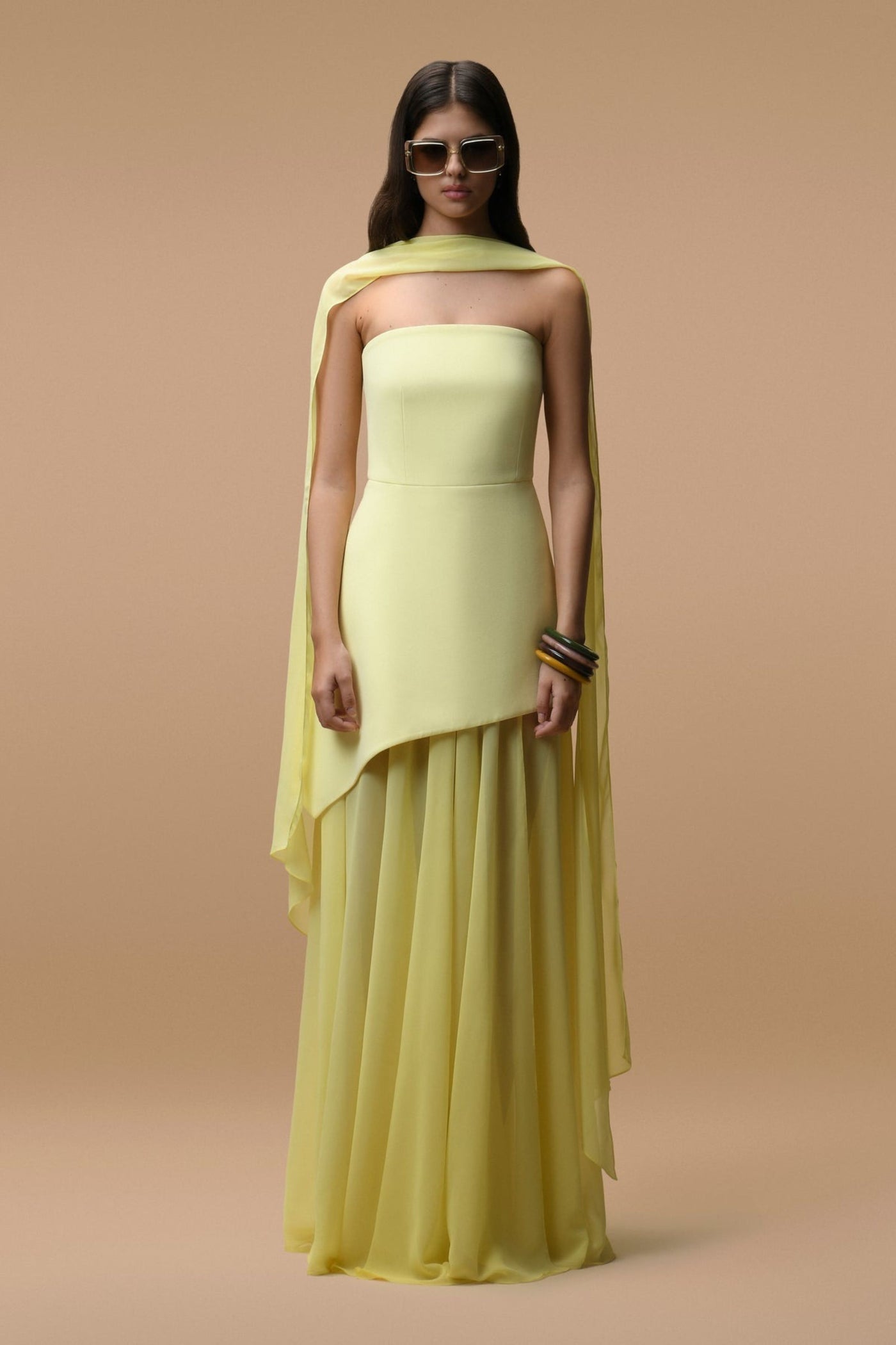 Rochie lungă Elara galben pal - Bustier și voal transparent