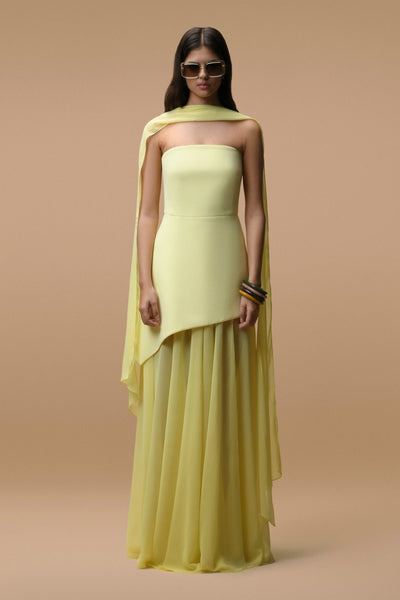 Rochie lungă Elara galben pal - Bustier și voal transparent