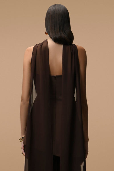 Elara lång klänning choklad - Bustier & transparent slöja