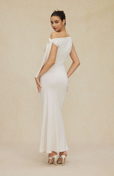 Satin Long Asymmetric Dress – Knotted Shoulder & Sculpting Silhouette