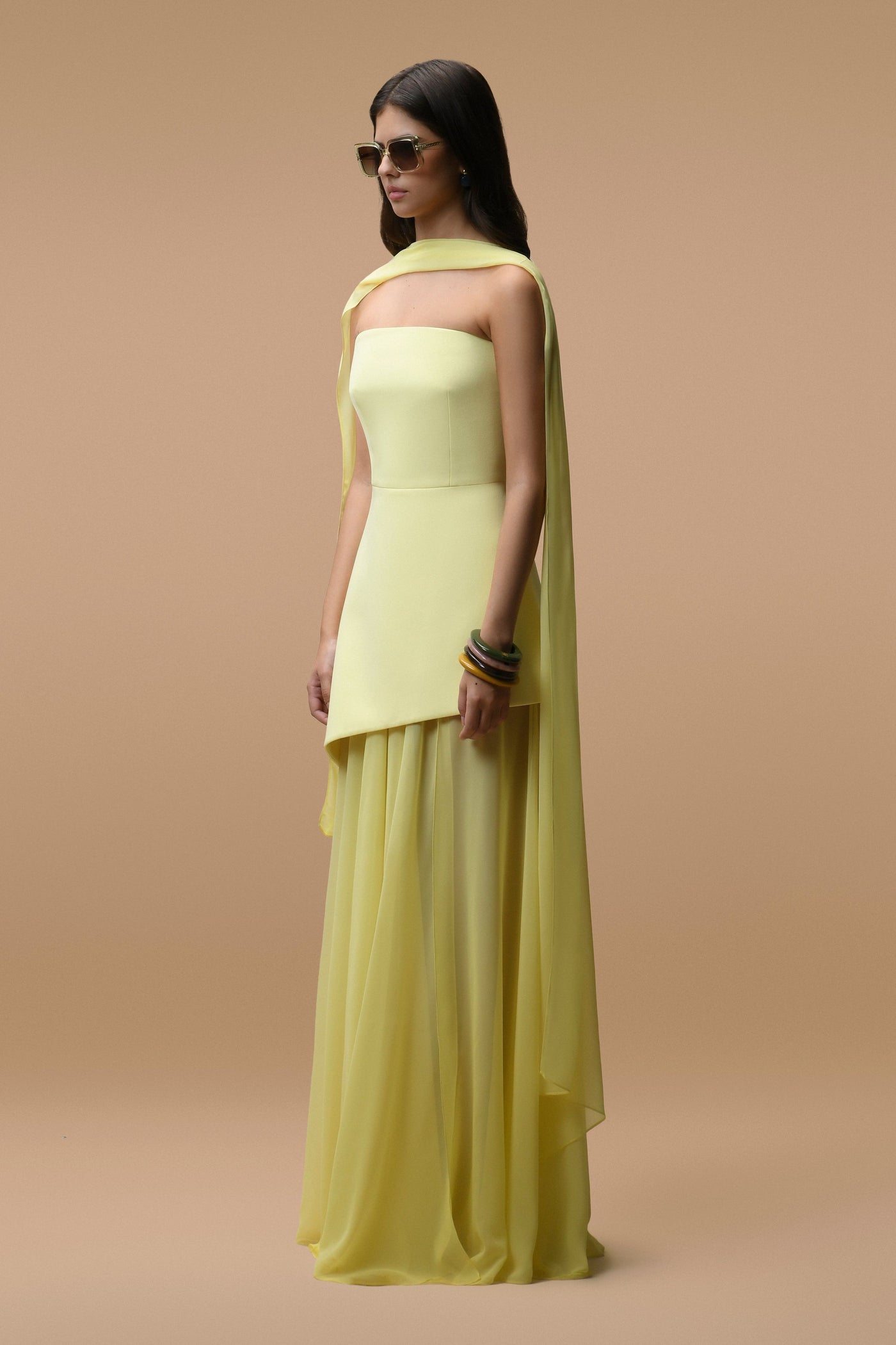 Rochie lungă Elara galben pal - Bustier și voal transparent