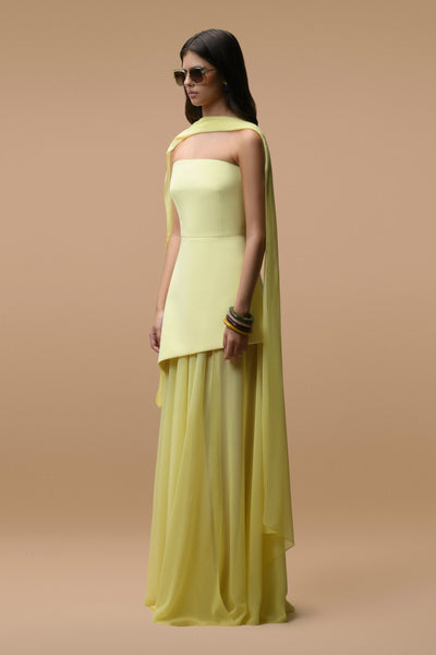 Rochie lungă Elara galben pal - Bustier și voal transparent