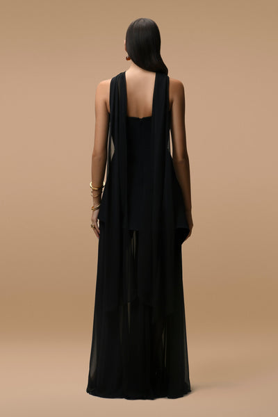 Elara Long Dress Ebony Black - Bustier & Transparent Veil