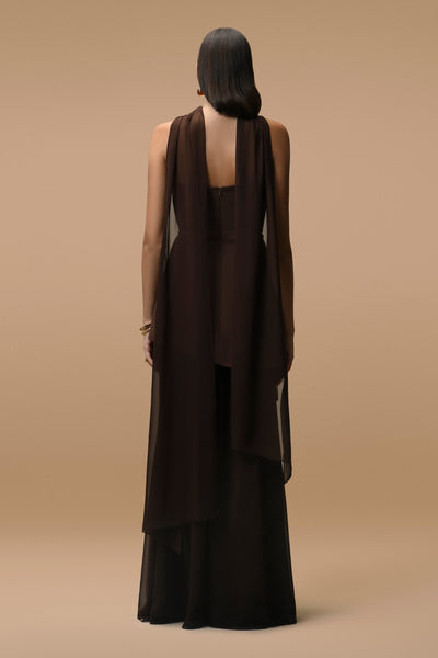 Elara lång klänning choklad - Bustier & transparent slöja