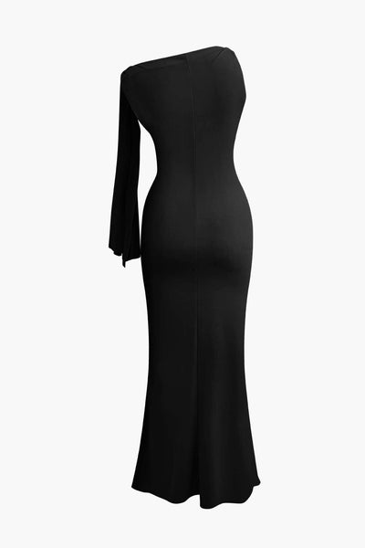 Satin Long Asymmetric Dress – Knotted Shoulder & Sculpting Silhouette