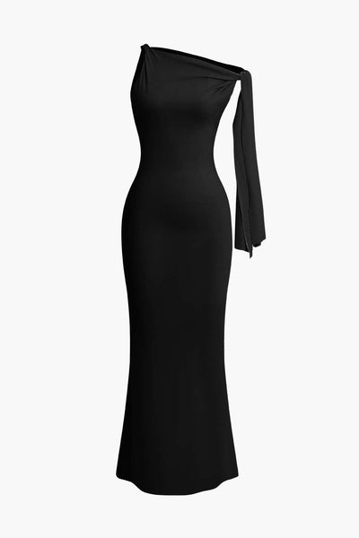 Satin Long Asymmetric Dress – Knotted Shoulder & Sculpting Silhouette