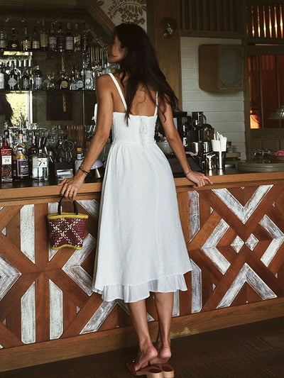 Bohemian Asymmetric Long Dress with Straps and Buttons