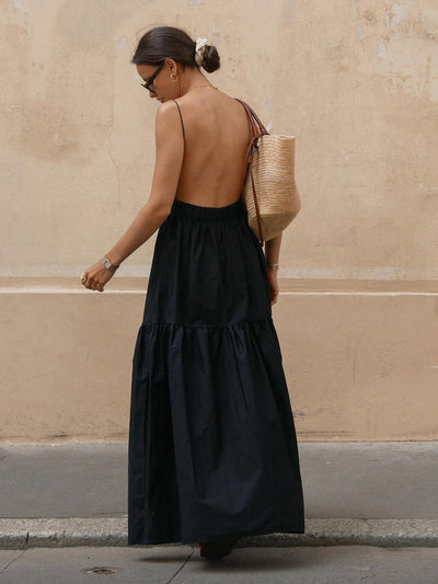 Long Flared Dress Open Back Elegant Black