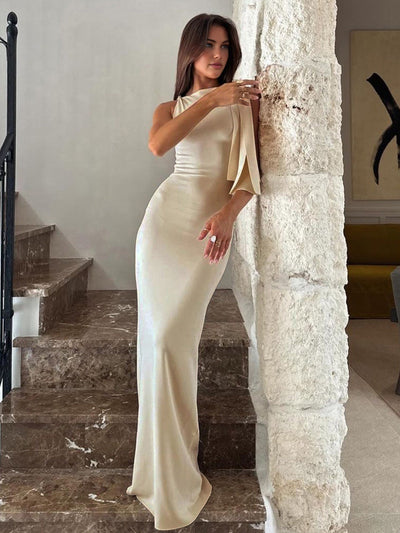 Rochie lungă satinată cu umăr legat – Eleganță croială slim