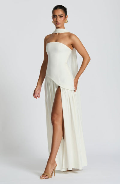 Long Strapless Asymmetric Dress – Fluid Draped & High Slit Haute Couture