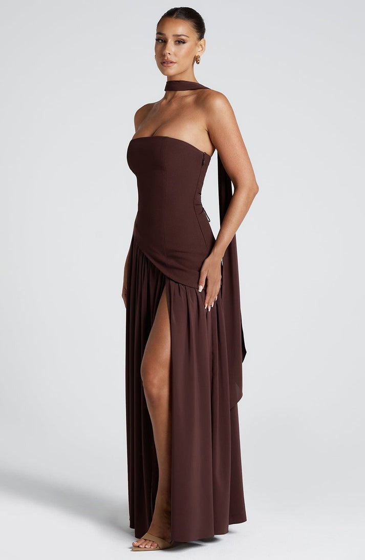 Long Strapless Asymmetric Dress – Fluid Draped & High Slit Haute Couture