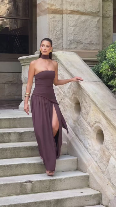 Long Strapless Asymmetric Dress – Fluid Draped & High Slit Haute Couture